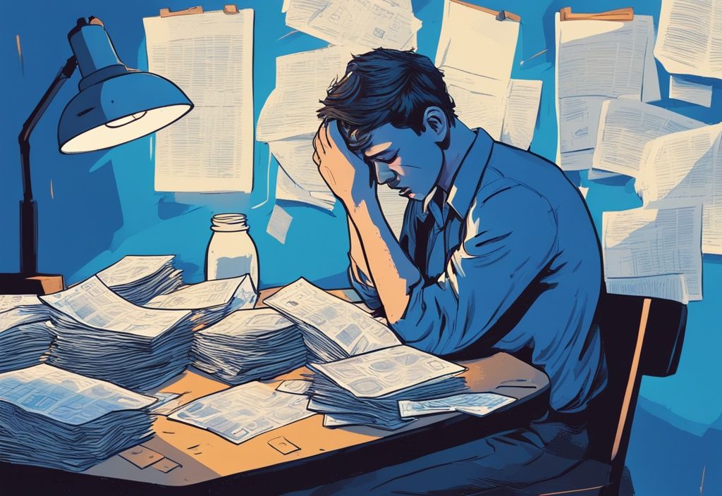 Moderner digitaler Gemälde-Illustration in Blau, verzweifelter Mensch sitzt an einem überfüllten Tisch mit Rechnungen, Lichtstrahl auf ein Schild mit der Aufschrift "Kreditmöglichkeit".