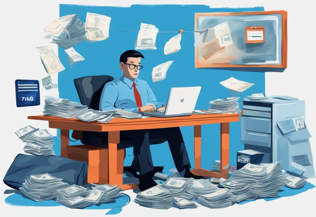 Moderne digitale Illustration eines ernsten Individuums an einem Schreibtisch mit überfälligen Rechnungen und abgelehntem Kreditantrag, während ein mitfühlender Bankvertreter eine Kreditkarte als Rettungsanker anbietet, Kredit für hoffnungslose Fälle.