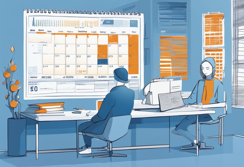 Moderne digitale Illustration in Blau, die einen Kalender mit dem Zeitplan des Kreditprozesses bei der Postbank zeigt, mit besonderem Schwerpunkt auf der Auszahlungsphase. Schlüsselwort: Postbank Kredit wie lange dauert die Auszahlung.
