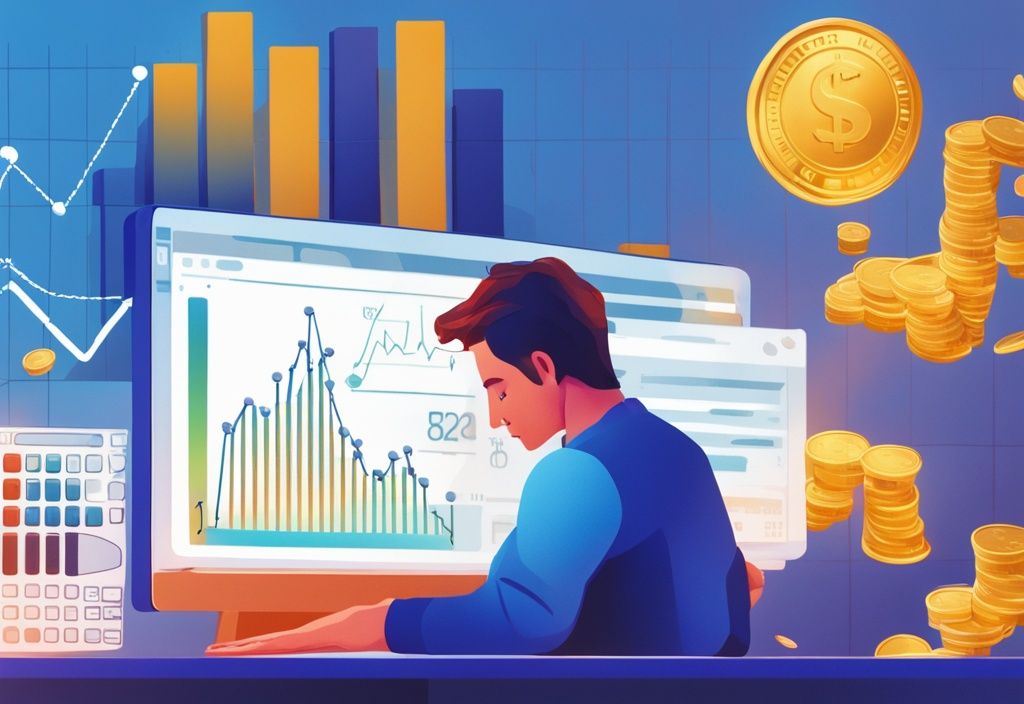 Moderne digitale Illustration in Blautönen mit Münzstapel, der allmählich an Höhe zunimmt, ein Diagramm auf einem Computerbildschirm zeigt Zinssätze, und eine Person überlegt einen Kreditvertrag. Keyword: wie hoch sind die Zinsen für einen Kredit.