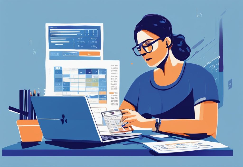 Moderne digitale Illustration in Blau: Person am Schreibtisch mit Taschenrechner, Unterlagen und Laptop mit Kreditberechnungs-Website.