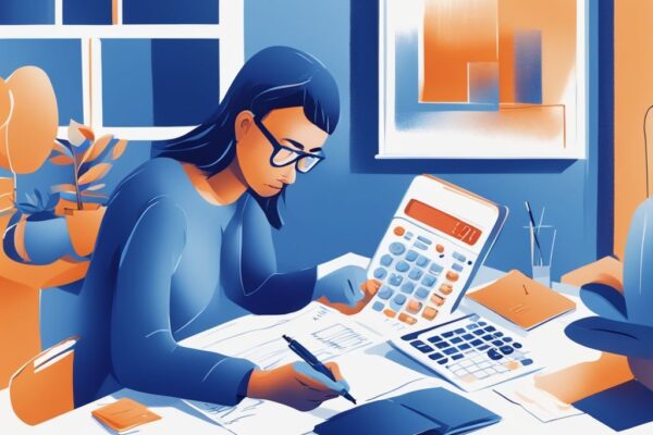 Moderne digitale Illustration in Blau: Person berechnet mit Taschenrechner neben einem Hausmodell, Hypothekendarlehensvereinbarung und Steuerformular auf dem Tisch - Kreditzinsen absetzen bei Eigennutzung.