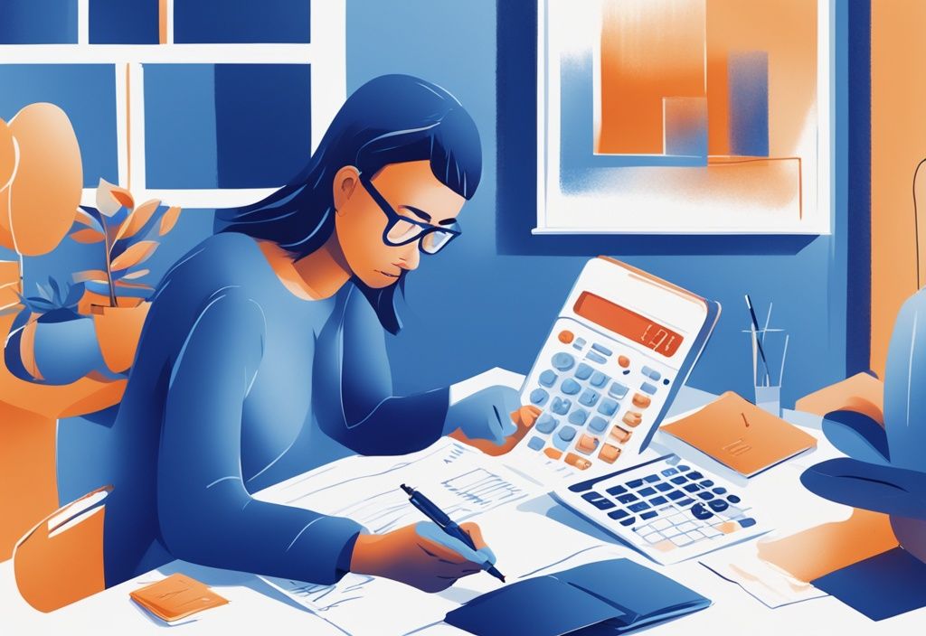 Moderne digitale Illustration in Blau: Person berechnet mit Taschenrechner neben einem Hausmodell, Hypothekendarlehensvereinbarung und Steuerformular auf dem Tisch - Kreditzinsen absetzen bei Eigennutzung.
