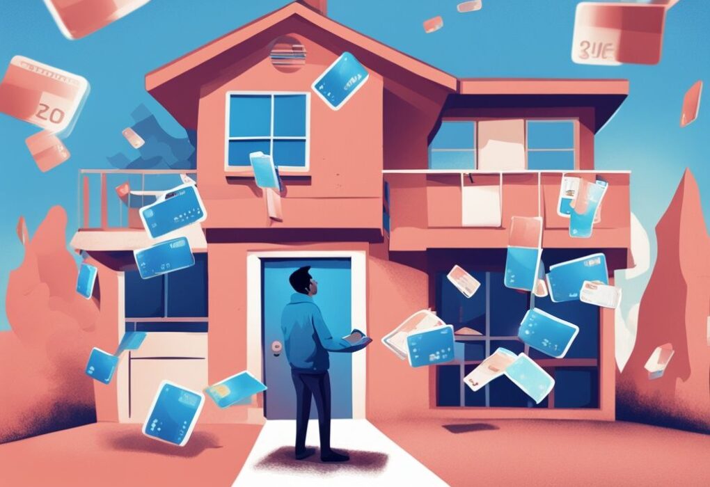 Wie viel Kredit ohne Eigenkapital? Finden Sie die besten Lösungen hier! Moderne digitale Illustration eines perplexen Individuums, das zahlreiche schwebende Kreditkarten vor seinem Haus untersucht, symbolisiert wie viel Kredit ohne Eigenkapital.