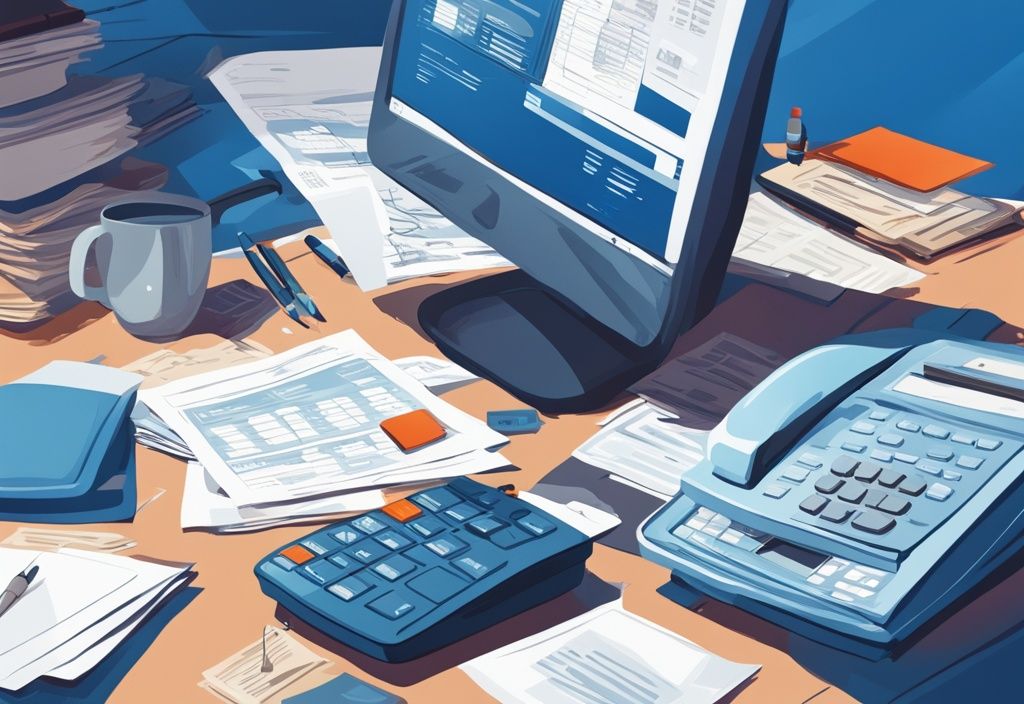 Moderne digitale Illustration eines Tisches mit verschiedenen Dokumenten wie Fotoausweis, Gehaltsabrechnungen, Kontoauszügen, Steuererklärungen und Kreditauskünften, welche Unterlagen für Kredit.