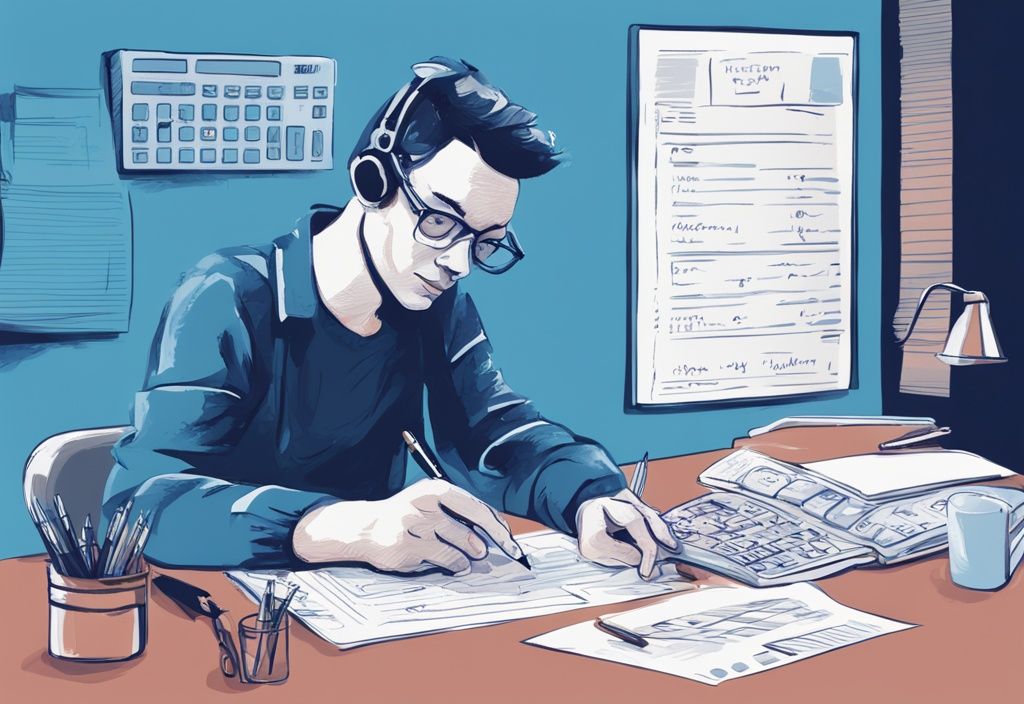 Moderne digitale Illustration einer Person, die an einem Schreibtisch mit Taschenrechner, Notizbuch und Stift sitzt, umgeben von Kreditzinsen-Dokumenten und Berechnungen – wie berechnet man Zinsen Kredit.
