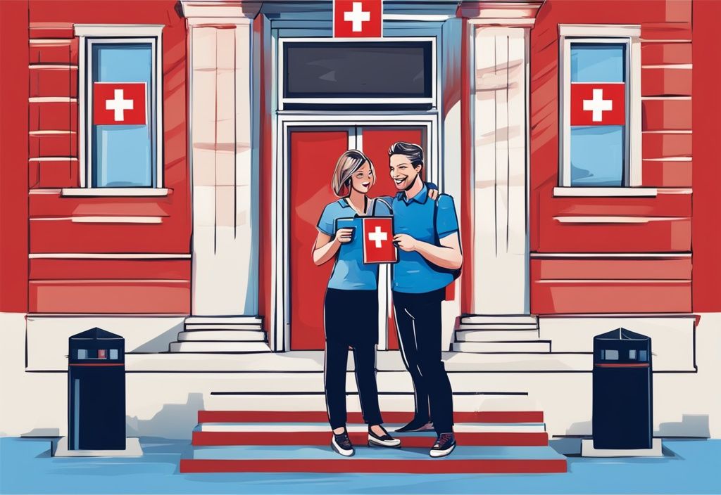 Glückliches deutsches Paar mit Schweizer Flagge und Bankbroschüre vor einem Schweizer Bankgebäude, Schweizer Kredit für Deutsche