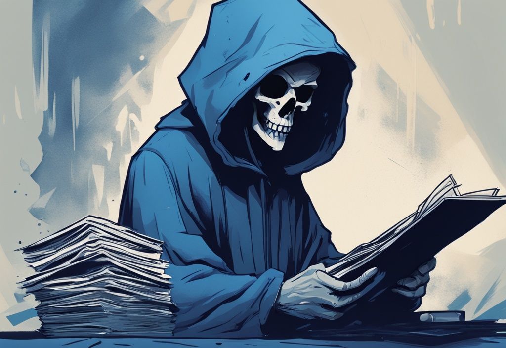 Moderne digitale Malerei eines verzweifelten Charakters, der über zahlreiche Kreditdokumente nachdenkt, mit einem Todesengel im Hintergrund.