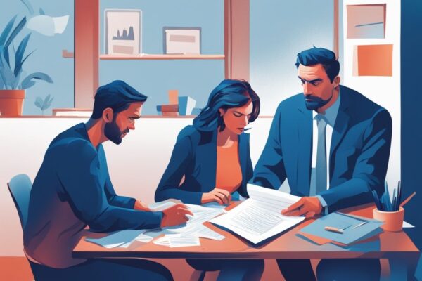 Frustriertes Paar in angespannter Diskussion mit Finanzberater über gemeinsamer Kredit einer zahlt nicht, Dokumente auf dem Tisch deuten auf verpasste Kreditrate hin, modernes digitales Gemälde in Blau.