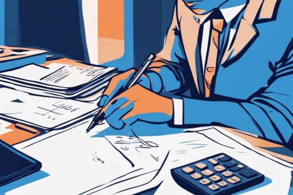 Anleitung: Wie berechnet man einen Kredit? Schritt-für-Schritt Erklärung! Moderne digitale Illustration in Blau: Person am Schreibtisch mit Taschenrechner und Stift, die Zahlen in einem Kreditvertrag notiert; Keyword: wie berechnet man einen Kredit.