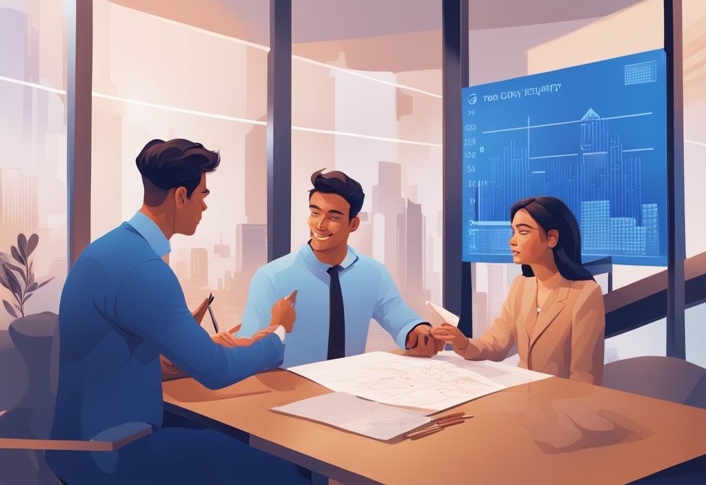 Moderne digitale Illustration eines Bankvertreters, der einem jungen Paar Dokumente zur Kreditaufnahme ohne Eigenkapital erklärt, mit Zahlen und Grafiken auf einem großen Bildschirm im Hintergrund.