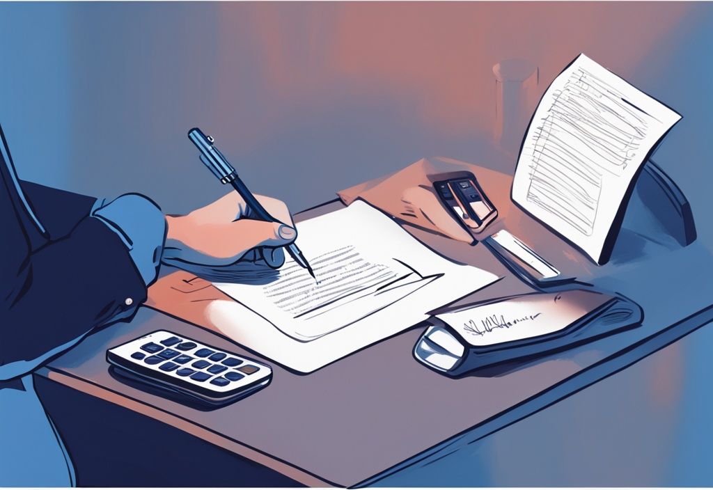 Moderne digitale Illustration in Blau: Person sitzt am Schreibtisch mit Taschenrechner und Stift, schreibt Zahlen auf einem Kreditvertrag auf – wie berechnet man einen Kredit.