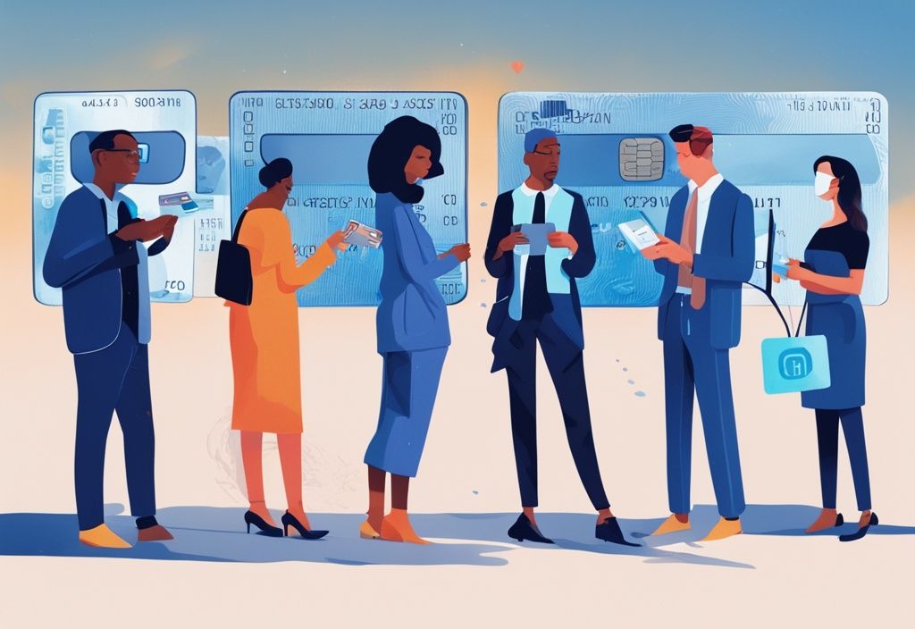 Moderne digitale Illustration in Blau, die diverse Personen zeigt, die nachdenklich große, transparente Kreditkarten mit Symbolen für Vermögen, Einkommen und Schulden betrachten; was bedeutet Eignung bei Kredit.