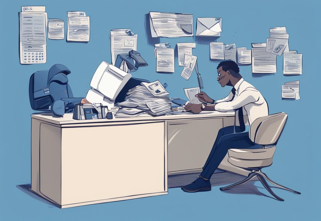 Moderne digitale Illustration eines ernsten Individuums an einem Schreibtisch mit überfälligen Rechnungen und abgelehnter Kreditanfrage, während ein mitfühlender Bankvertreter eine Kreditkarte als Rettungsanker anbietet; Keyword: Kredit für hoffnungslose Fälle.