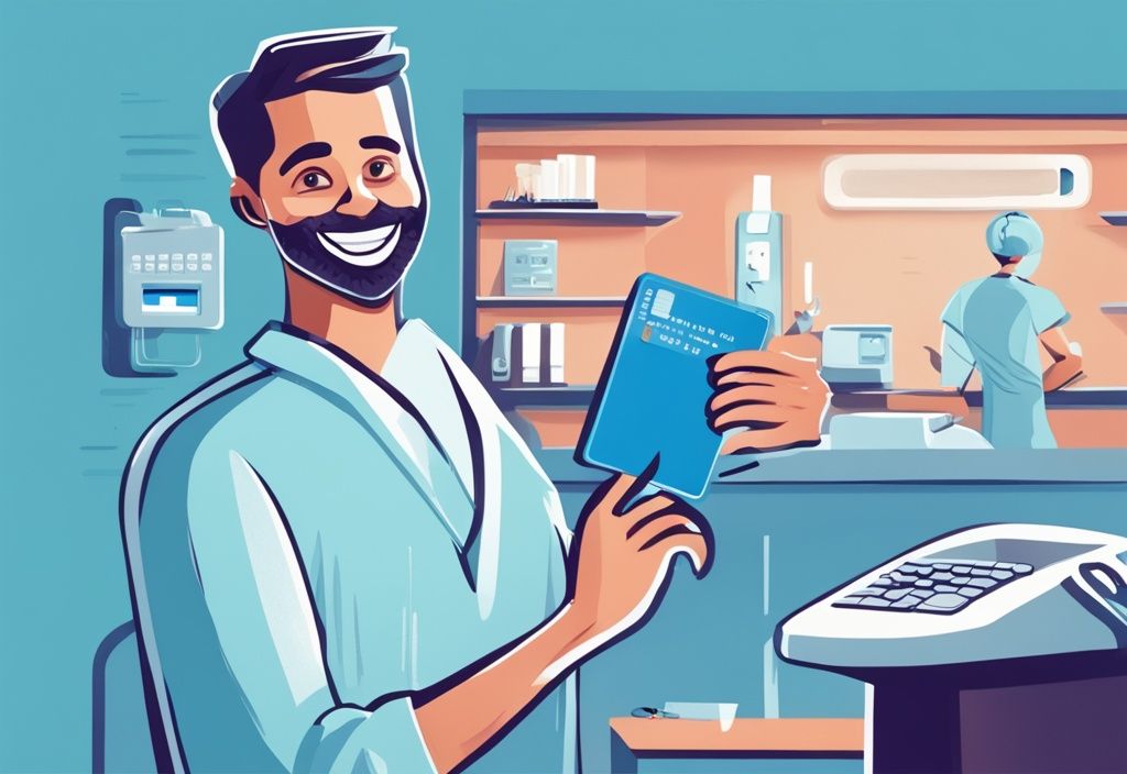 Moderne digitale Malerei, lächelnde Person hält Zahnprothese, Hintergrund zeigt Kreditkarte und vereinfachte Zahnarztrechnung zur Finanzierung von Zahnprothesen.