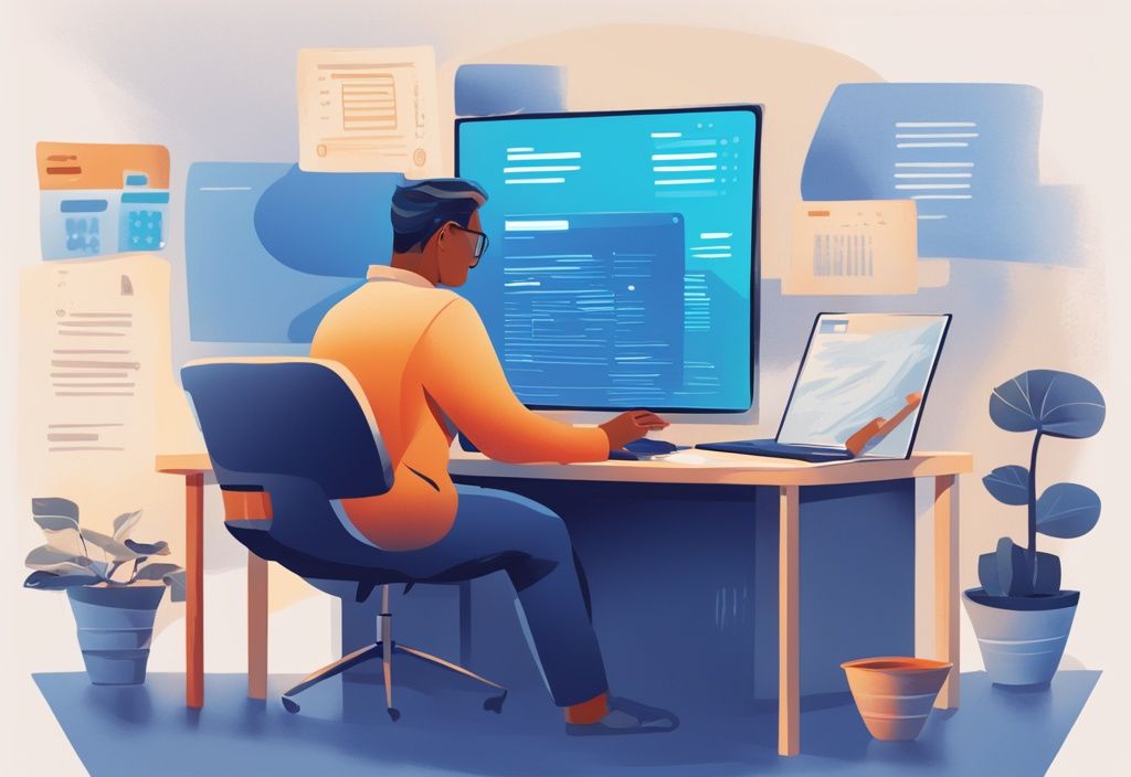 Digitale Illustration eines Bankberaters, der Finanzinformationen auf einem Computer überprüft, um die Eignung bei Kreditentscheidungen zu veranschaulichen, Hauptfarbthema Blau