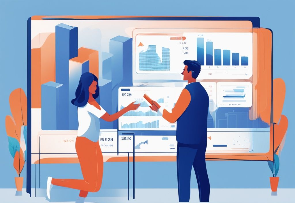 Moderne digitale Illustration, Bankberater erklärt jungem Paar Dokumente zur kreditaufnahme ohne Eigenkapital, Zahlen und Grafiken auf großem Bildschirm im Hintergrund
