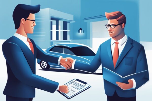 Erklärt: Wer ist Sicherungsgeber bei einem Kredit? Antworten hier! Moderner digitaler Gemälde-Illustration mit blauem Farbthema: Ein Banker präsentiert einem Sicherungsgeber bei einem Kredit einen Darlehensvertrag, dargestellt durch eine Person oder ein Unternehmen, das ein Auto, Haus oder persönliche Wertgegenstände anbietet.