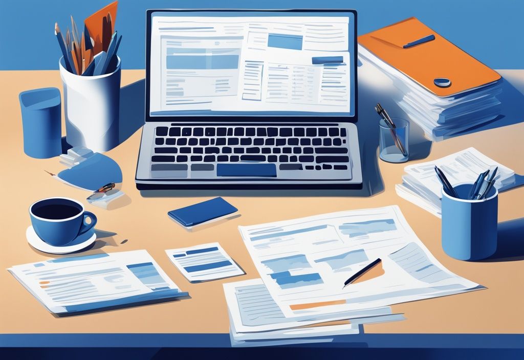 Moderne digitale Illustration eines Schreibtischs mit wichtigen Dokumenten für einen Kreditantrag wie Identitätsnachweis, Einkommensnachweis, Kreditberichte und Kontoauszüge, hauptsächlich in Blau gehalten.