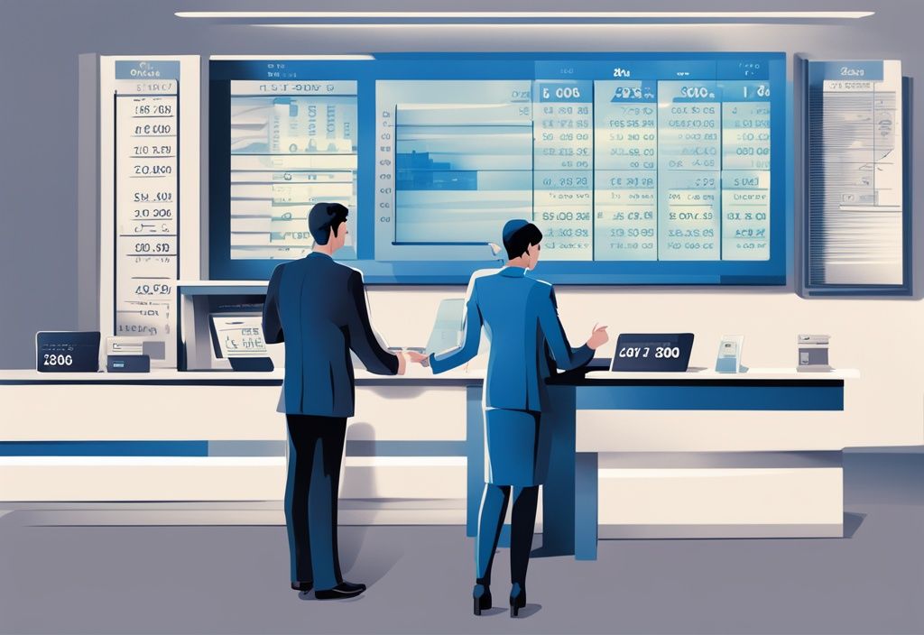 Moderner digitaler Gemäldeillustration, Bankvertreter erklärt dem Kunden das Zinsdiagramm für ein Darlehen, Hauptfarbthema blau