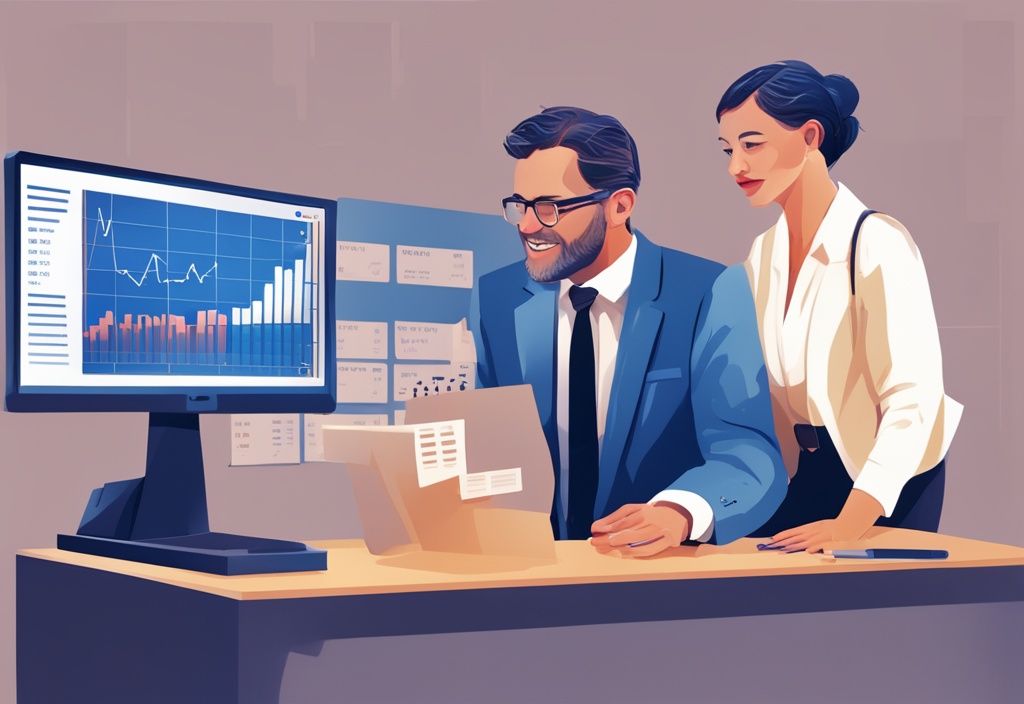 Digitale Illustration eines Bankvertreters, der einem Kunden die Zinskurve eines Kredits erklärt, Hauptfarbthema Blau