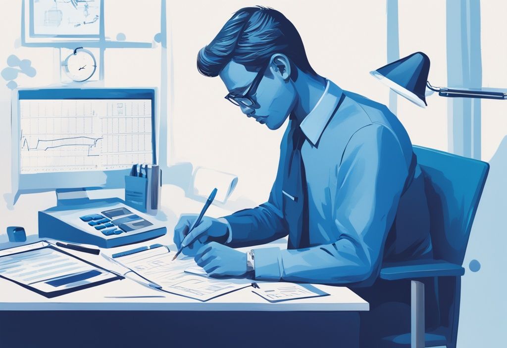 Moderner digitaler Gemälde-Illustration eines professionell aussehenden Menschen, der an einem Schreibtisch mit einem Taschenrechner, einem Stift und einem Papier sitzt und sichtbar an einer Darlehenszinsberechnung arbeitet, Hauptfarbthema Blau.