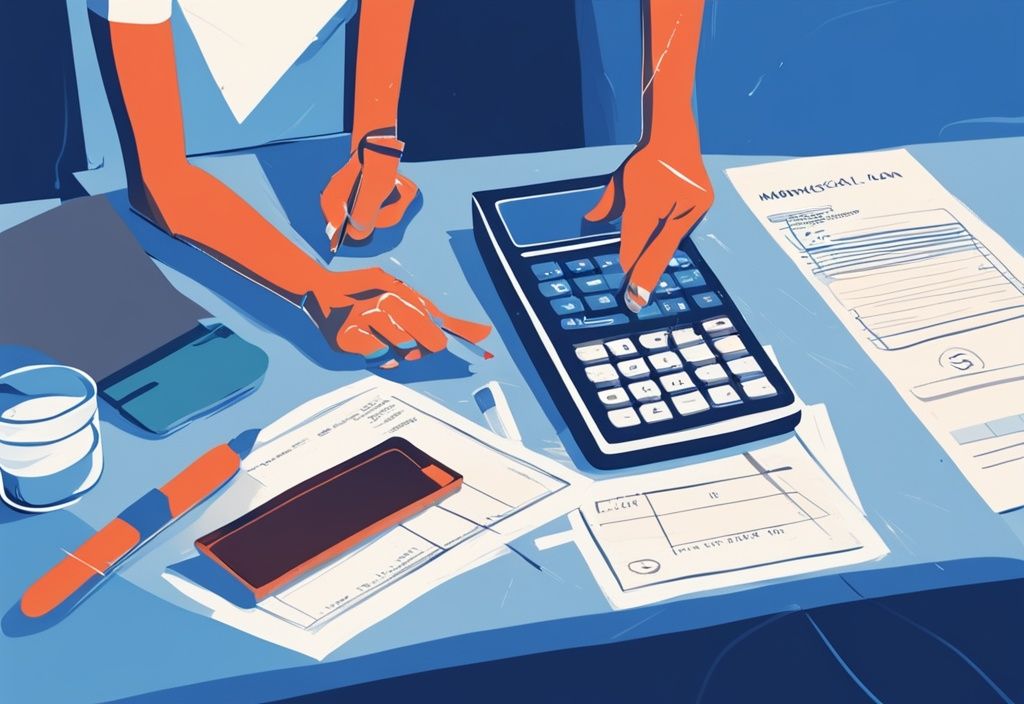 Moderne digitale Illustration in Blau: Person berechnet mit einem Taschenrechner neben einem Hausmodell, einem Hypothekenkreditvertrag und einem Steuerformular auf dem Tisch. Kreditzinsen absetzen bei Eigennutzung.