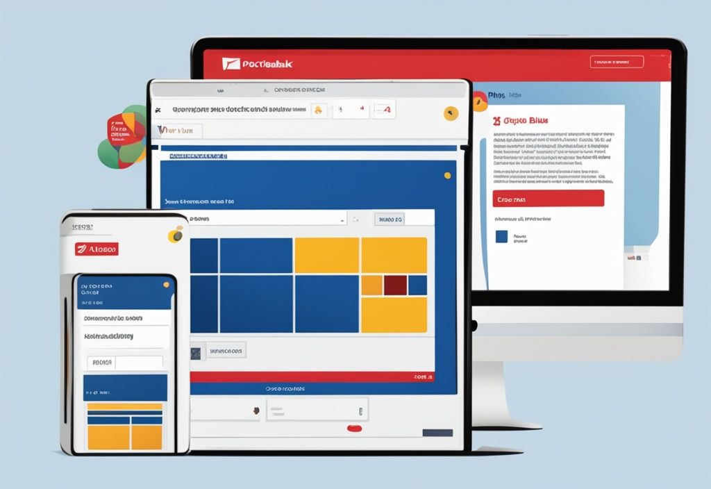 Moderne digitale Malerei in Blau, Screenshot des Postbank-Darlehensbereichs mit Benutzerkonto und hervorgehobenen Darlehensdetails.