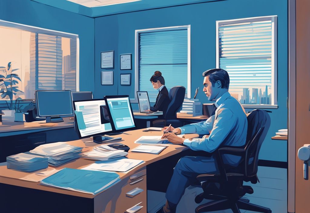 Moderner digitaler Gemäldeillustration in Blau: Ein einfühlsamer Kreditgeber überreicht einem Arbeitslosen Kreditgenehmigungsdokumente in einem sicheren Büro, wer gibt Kredit für Arbeitslose.